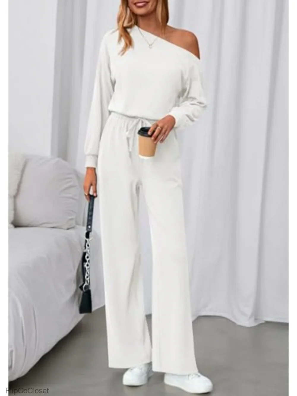 Off Shoulder Long Sleeve Jumpsuit with Pockets - 94% Polyester 6% Elastane